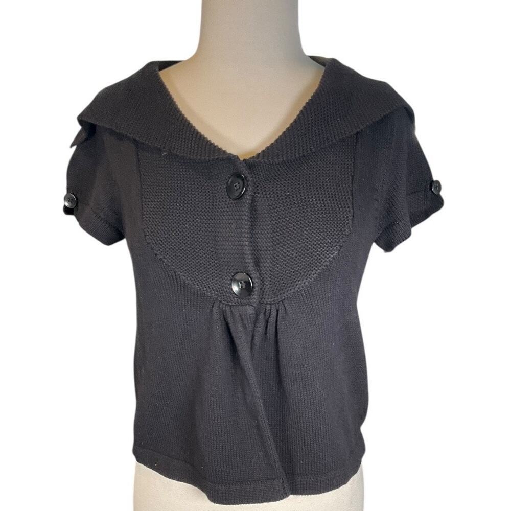 Vintage ELLE 90s/2000s Cotton Knit Top Small Quiet Luxury Collared Black Button